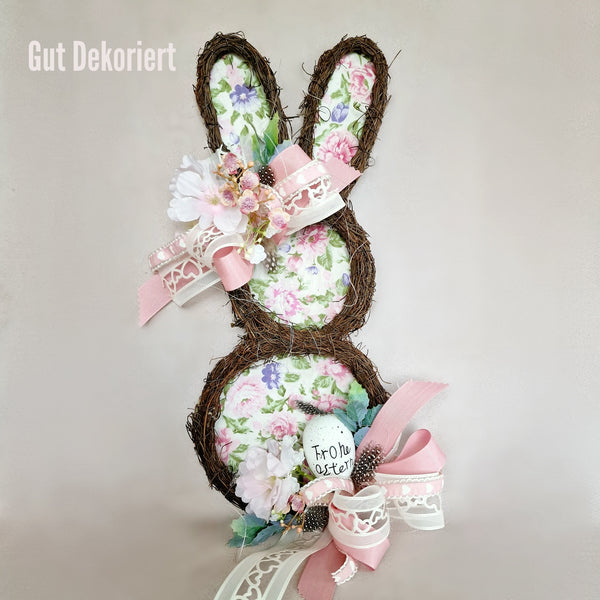 Osterhase mit Schleife Türdeko Osterdeko Kirschblüte Rattan Osterei rosa