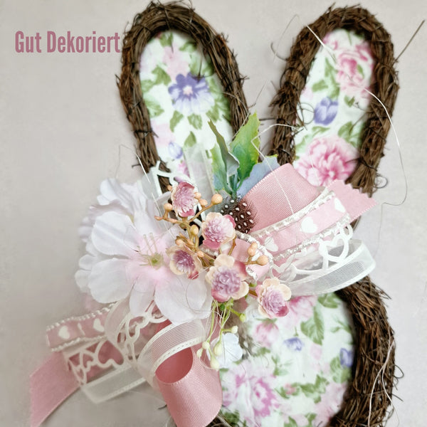 Osterhase mit Schleife Türdeko Osterdeko Kirschblüte Rattan Osterei rosa